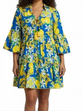 BLE Lemon Print Dress S/M Blue Yellow Boho Resort Mediterranean Tassel Mini